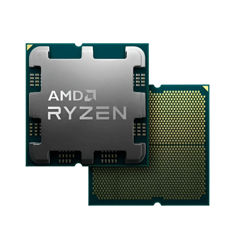 AMD Ryzen desktop processor showing IHS front and AM5 LGA socket pins on reverse