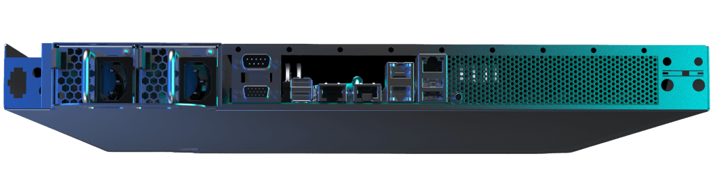 1U rack server rear panel with dual PSU bays, serial ports, Ethernet ports and ventilation grille, blue-teal lighting