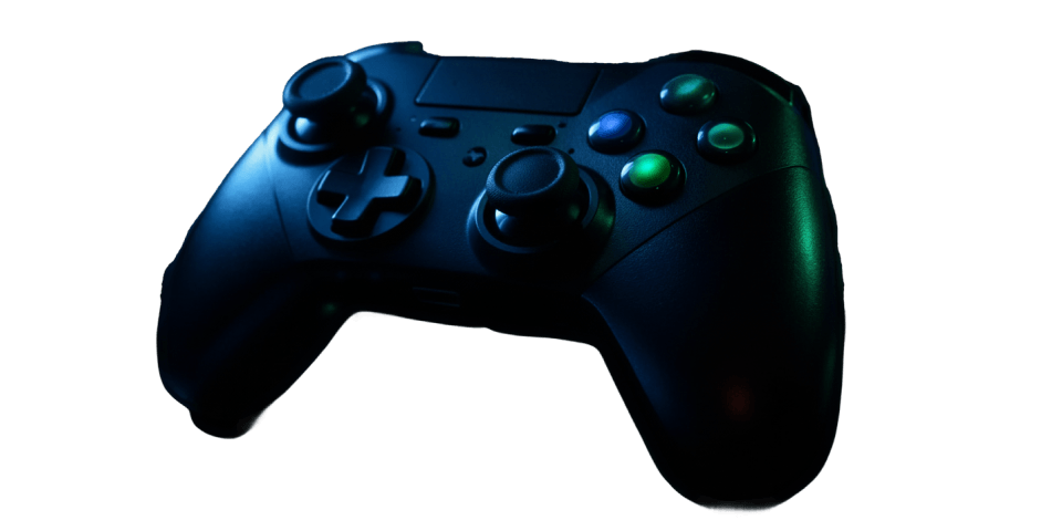 Gaming controller with dual analog sticks and colored face buttons under blue-green lighting