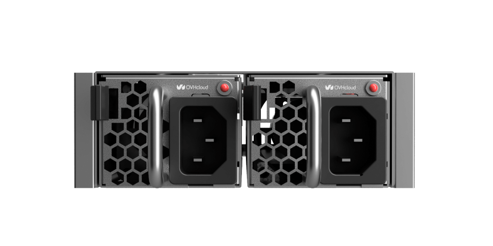 OVHcloud dual hot-swap PSU modules with IEC C14 inlets and hexagonal ventilation grilles