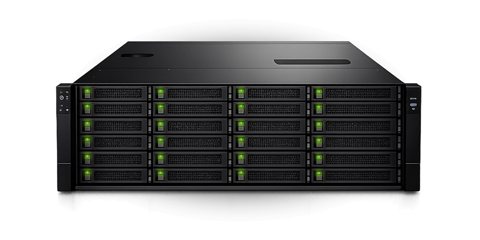 4U rack server with 24 hot-swap drive bays arranged in four columns with green activity LEDs