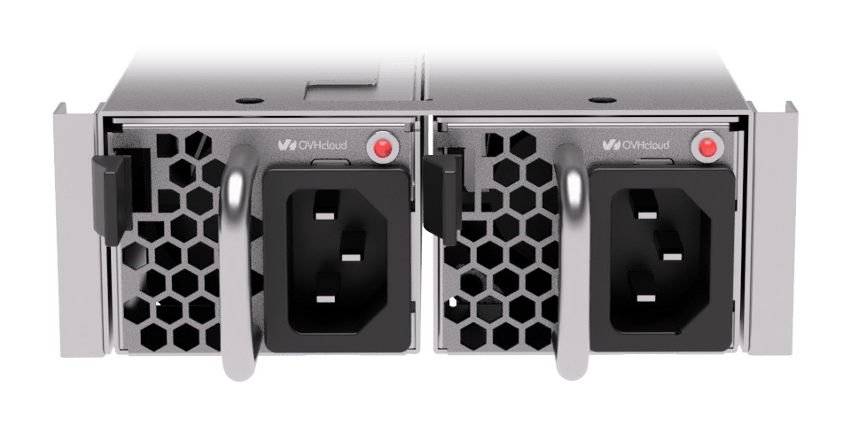 OVHcloud dual hot-swap PSU module with IEC C14 inlets and hexagonal ventilation grilles