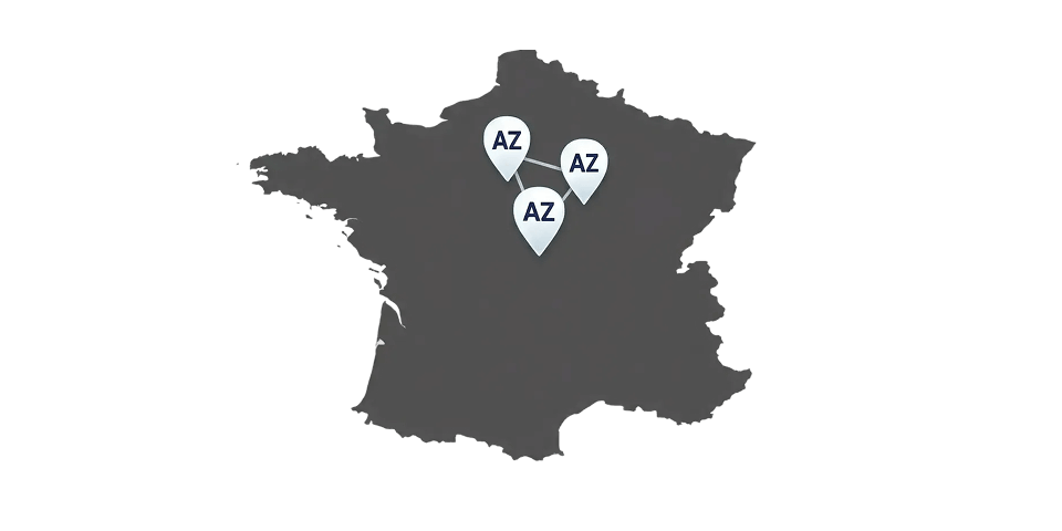 Map of France showing three interconnected OVHcloud availability zones in the Paris region